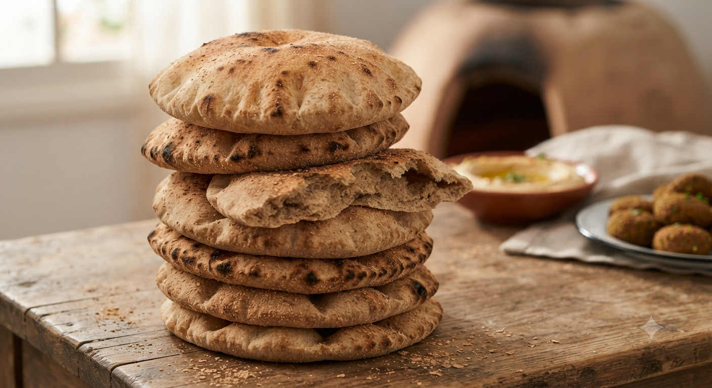 Fresh Egyptian aish baladi flatbread stacked at a bakery