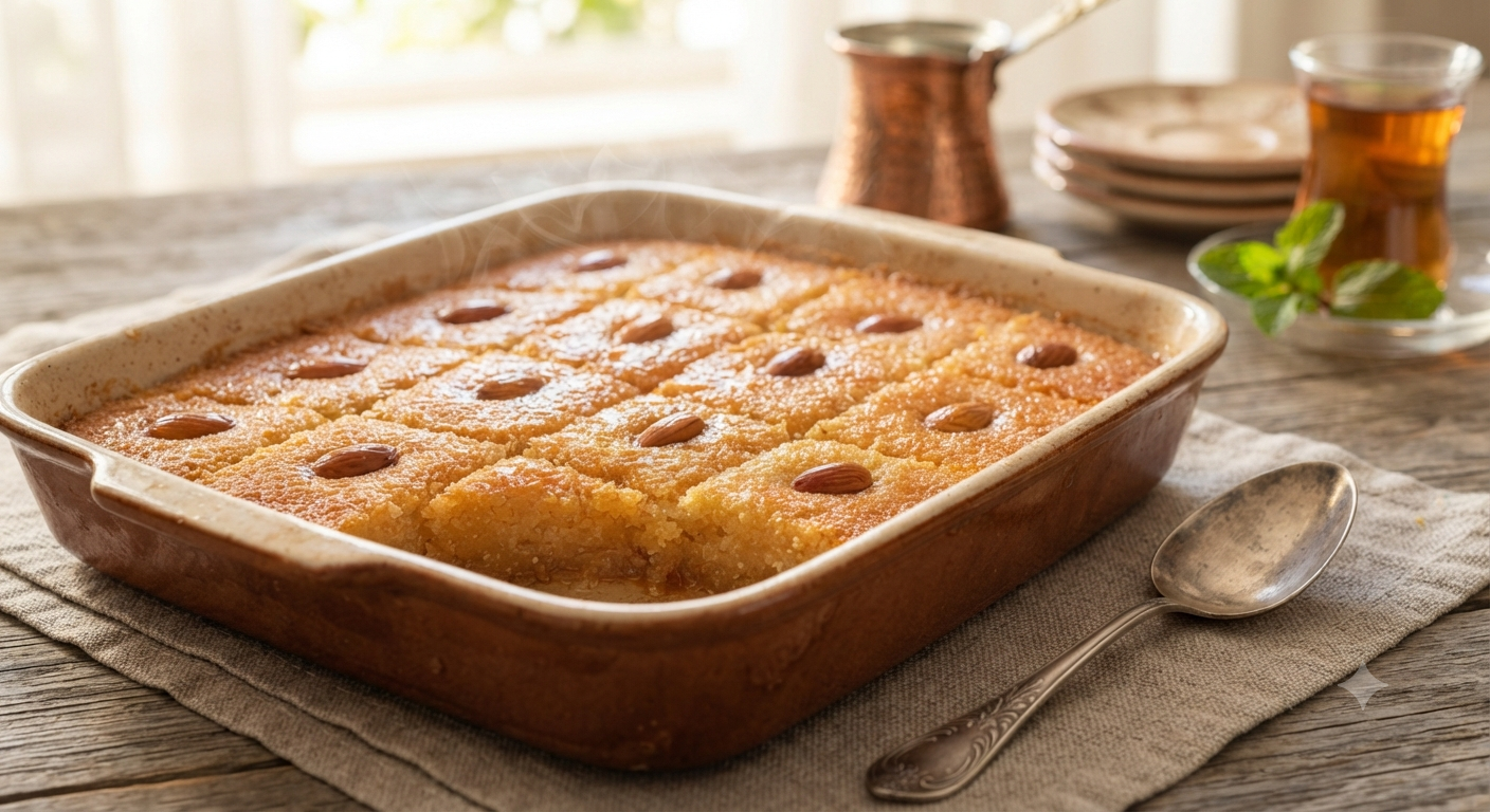 Egyptian basbousa semolina cake with syrup