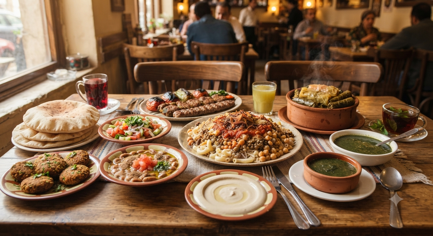Selection of traditional Egyptian dishes served at a table