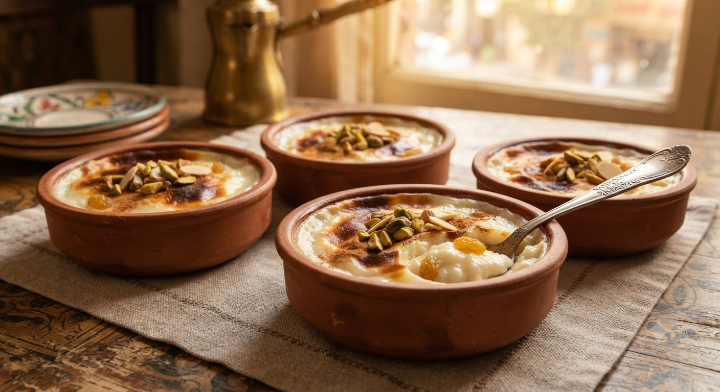 Egyptian rice pudding topped with cinnamon and nuts
