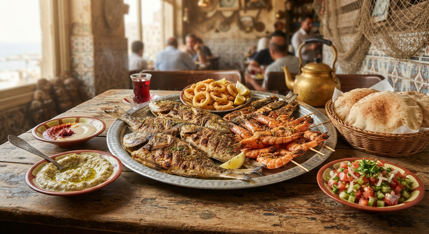 Egyptian seafood meal with grilled fish shrimp and rice