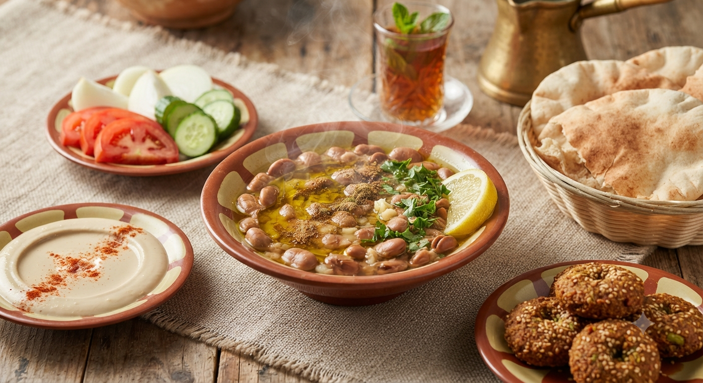 Ful medames Egyptian breakfast with beans olive oil and vegetables