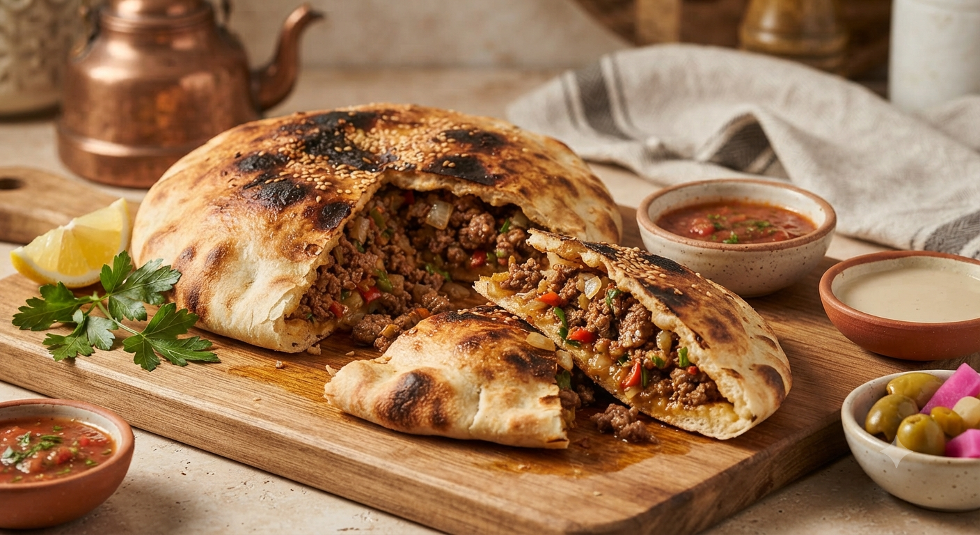 Hawawshi Egyptian bread filled with seasoned minced meat