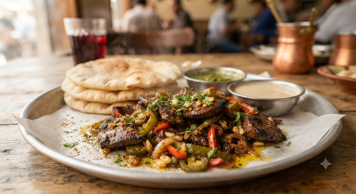 Kebda Iskandarani Alexandrian liver sandwich with peppers