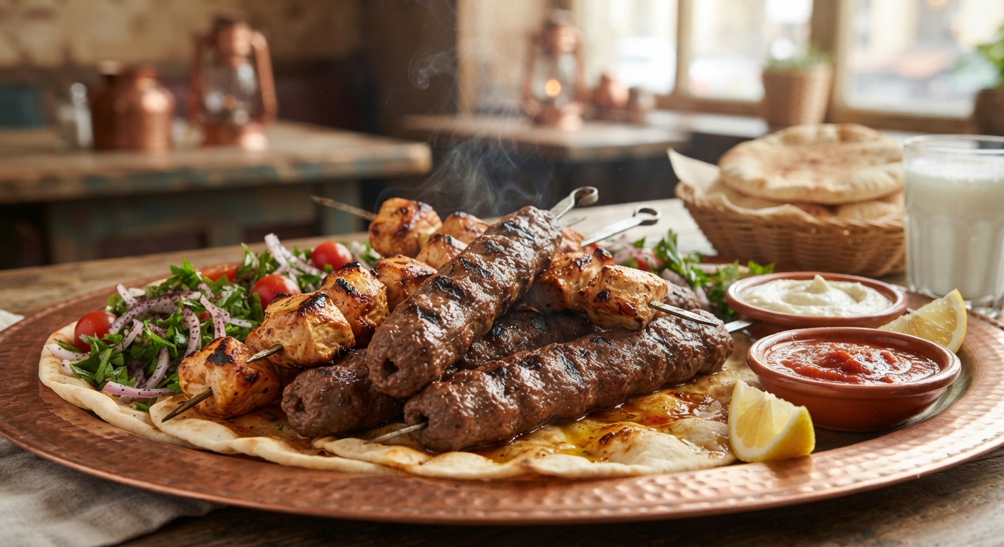Egyptian grilled kofta and kebab served with bread and salad