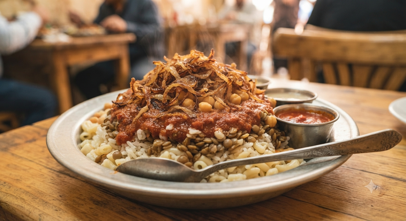 Traditional Egyptian koshary with lentils rice pasta and fried onions