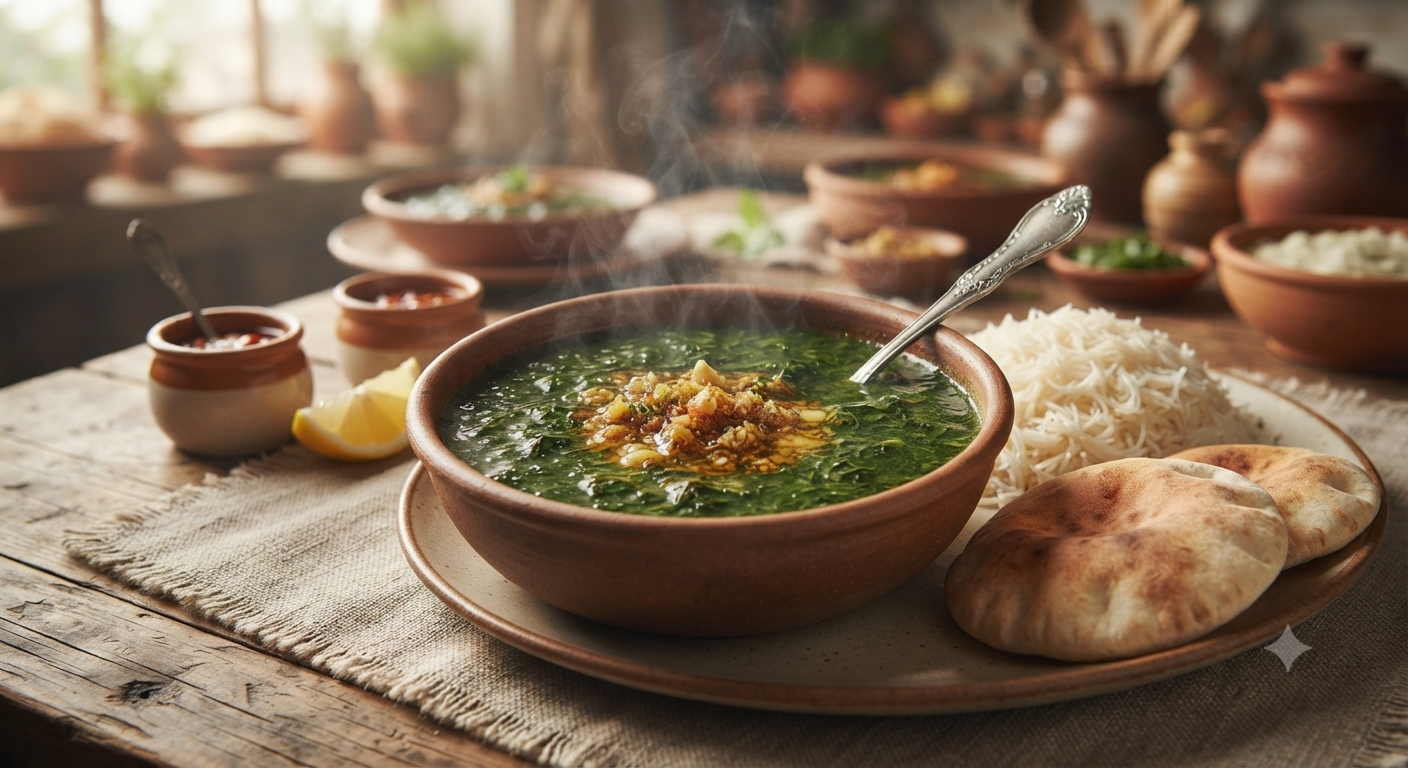 Molokhia green Egyptian soup served with rice
