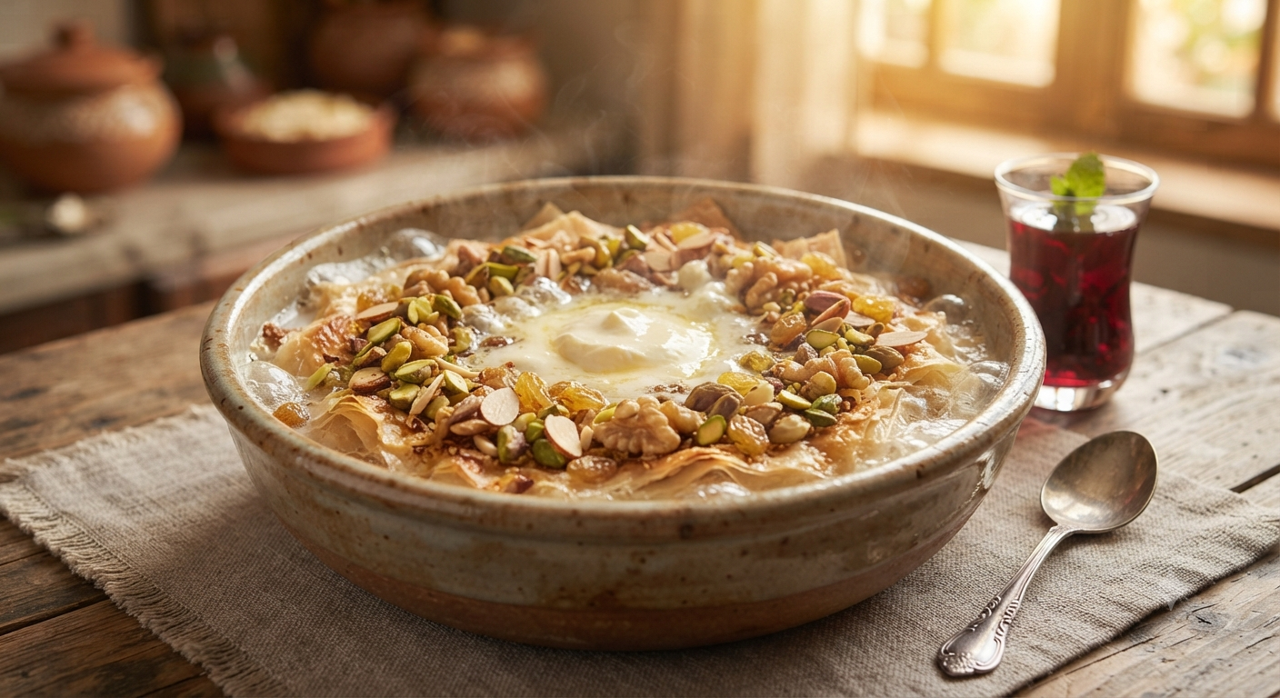 Umm Ali Egyptian bread pudding topped with nuts